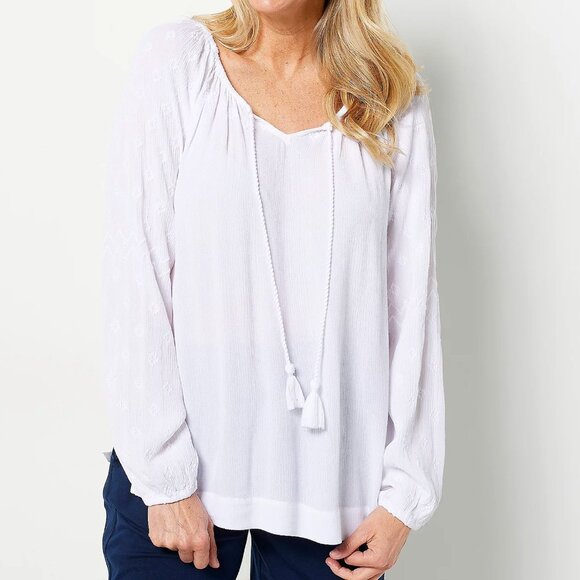 Susan Graver Tops - Susan Graver Weekend Essentials Crinkled Gauze Lace Up Top  14280